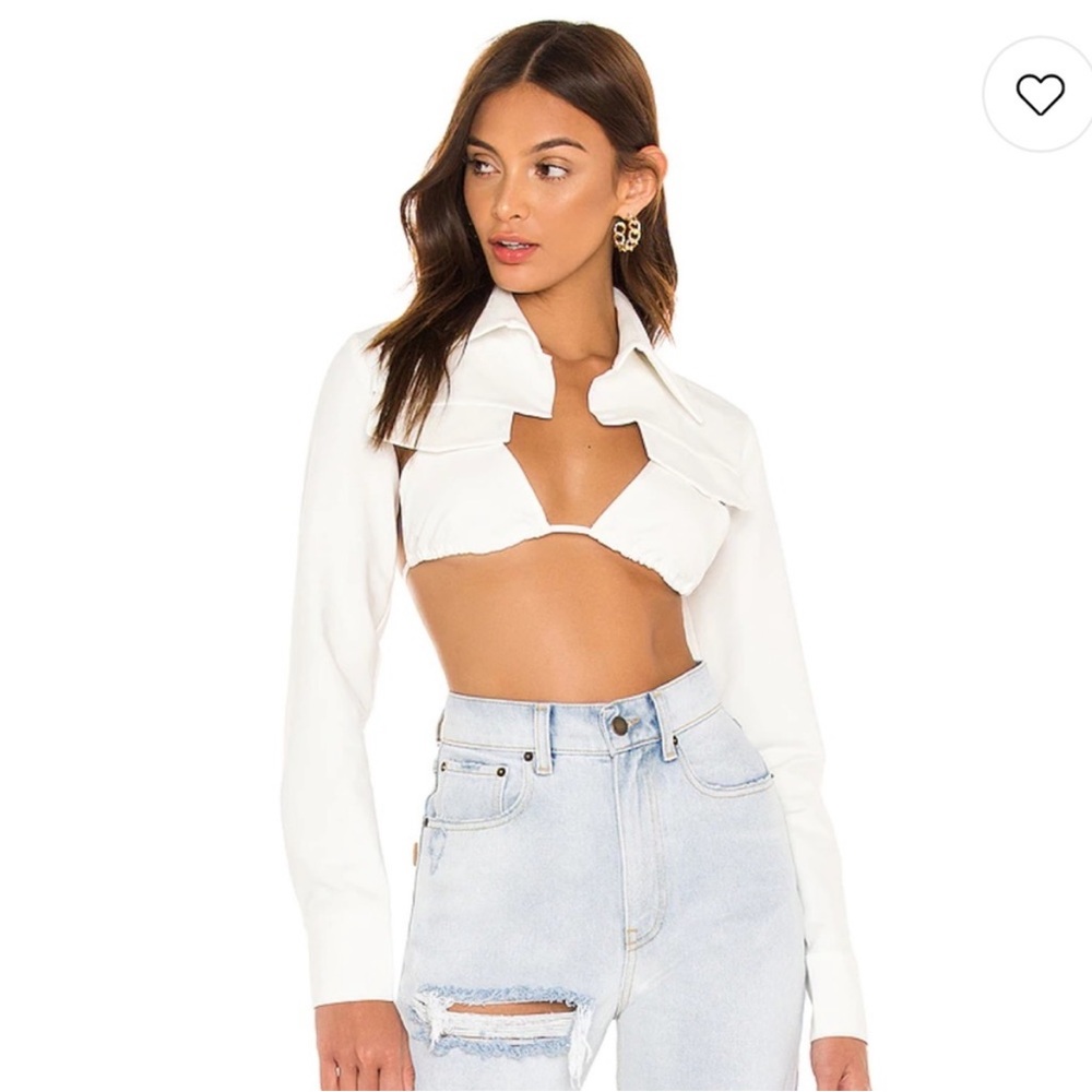 Kim Shui. Crop Jacket in White Twill Cut Out Long Sleeve Button Cuff Shawl M